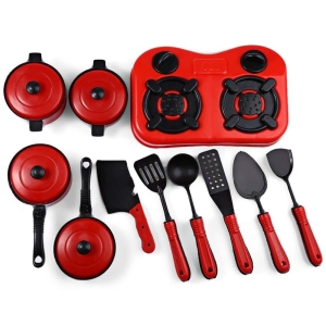 Cucina giocattolo da 11 pezzi per ragazze, completa in nero e rosso.
