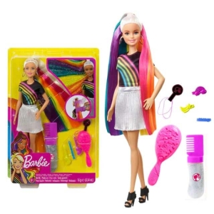 Bambola bambina in stile Barbie con capelli arcobaleno, con una gonna bianca in una scatola