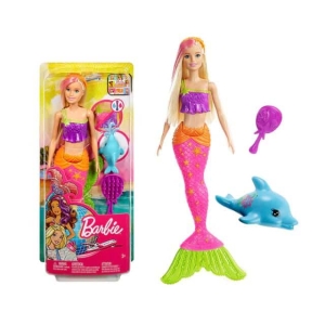 Barbie Dreamtopia sirena per bambine, in una scatola con uno specchio e un piccolo delfino blu.