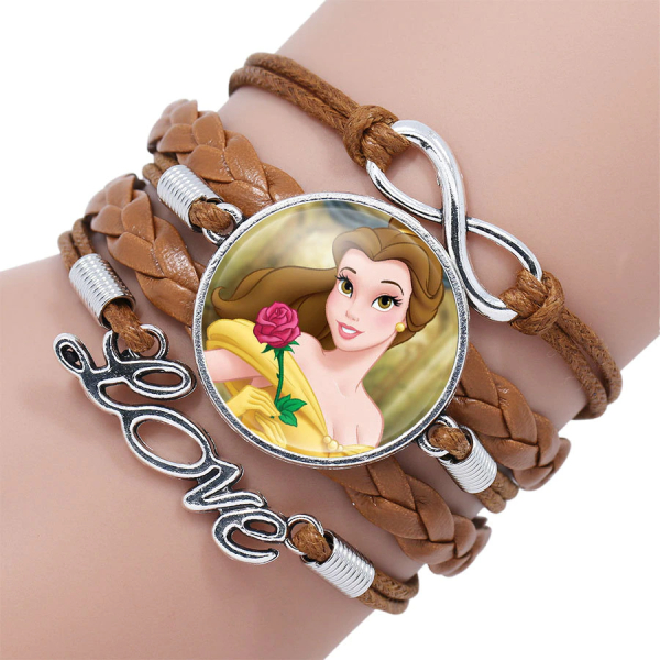 Bracciale marrone Disney La Bella e la Bestia Bracciale intrecciato marrone indossato su un polso, con ritratto della principessa de La Bella e la Bestia