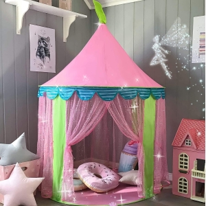 Tenda a soffietto multicolore a forma di castello per bambine, con cuscini all'interno e casetta di cacca