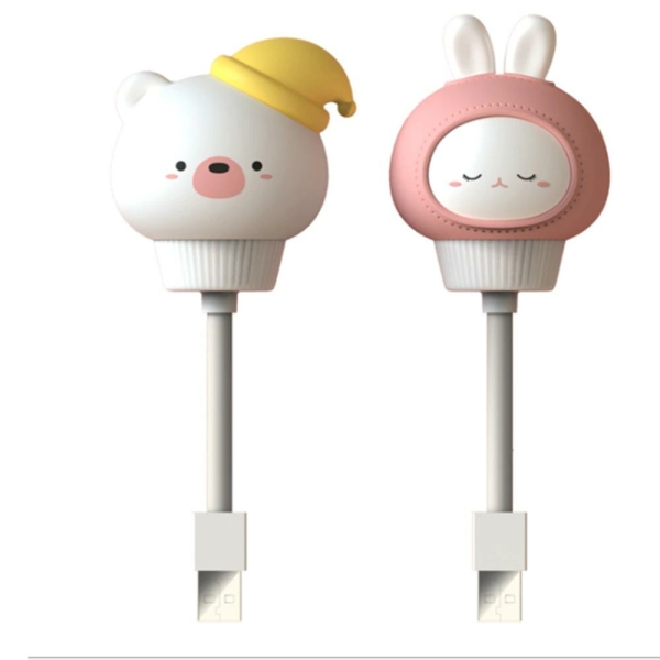 Luci notturne a LED con presa USB a forma di coniglio rosa a destra e di orso giallo a sinistra