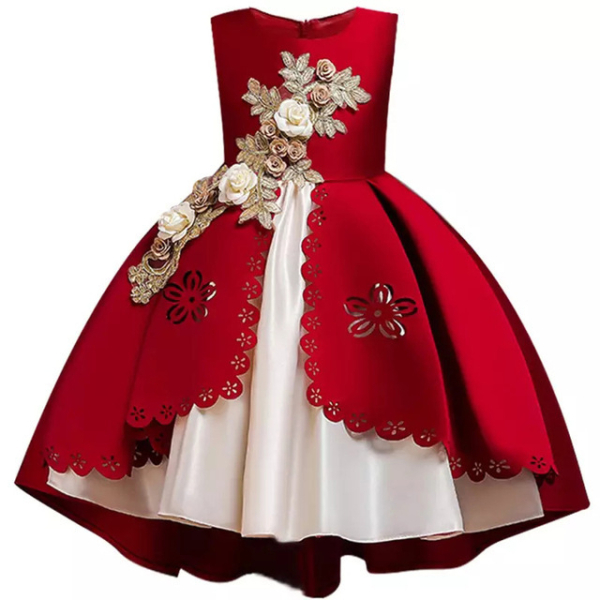 img_Robe princesse avec fleurs brodées pour fille_03 Abito da principessa rosso e bianco con fiori ricamati per le bambine