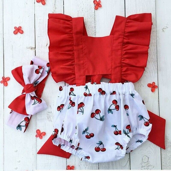 Tuta corta con fascia per bambine, top rosso e slip bianco con motivo a ciliegia