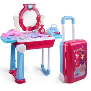 Tavolino da toilette per bambina, rosso e bianco con gambe e specchio blu, e valigetta da viaggio abbinata