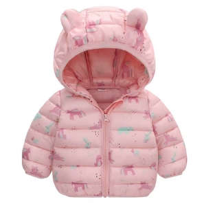 Piumino con cappuccio e orecchie da orso per bambine, colori rosa, molto confortevole.