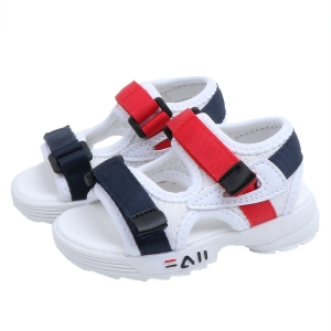 Sandalo bianco con suola flessibile e chiusure in velcro rosse e nere