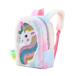Zaino in pelliccia color arcobaleno con design a unicorno