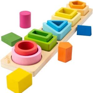 Giocattoli Montessori in legno per bambini, colorati con sfondo bianco