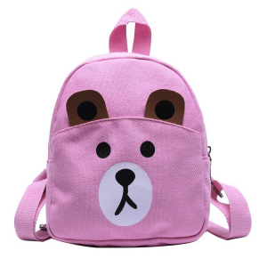 Uno zaino rosa con un simpatico volto di orsetto per ragazze. Il muso dell'animale è bianco e marrone. Ha una maniglia in alto e due spallacci sul retro.