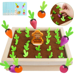 Set di giochi Montessori di 24 carote in legno per bambine con carote e carte con sfondo bianco