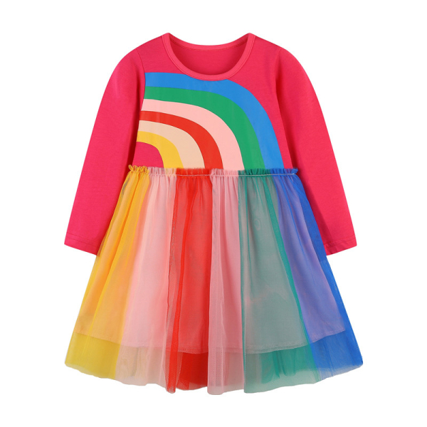 abito da bambina con sfondo bianco, rosso, motivo arcobaleno, maniche lunghe e gonna in tule