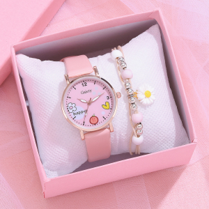 un orologio rosa e un braccialetto abbinato in un portagioie