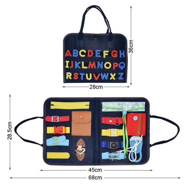 Un astuccio per imparare a legare i lacci delle scarpe, aprire le cerniere, chiudere e aprire i bottoni, premere le borchie e le clip, allacciare le cinture e stringere le cravatte, con l'alfabeto sul davanti