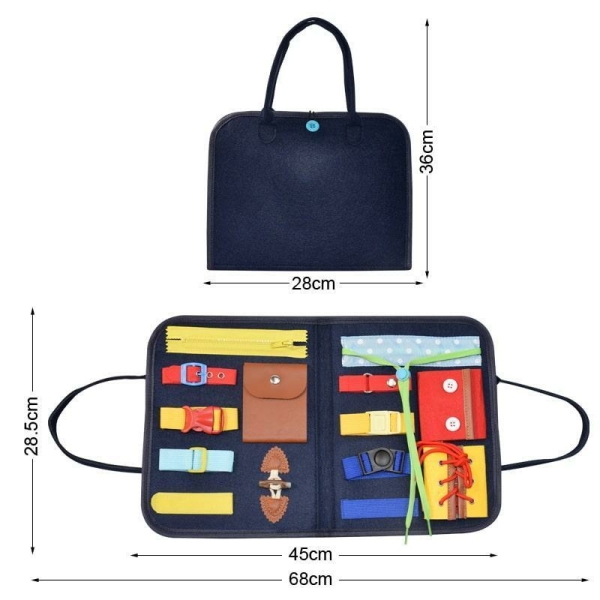 Custodia con vari oggetti di uso quotidiano come bottoni, lacci, clip, moschettoni e cerniere.