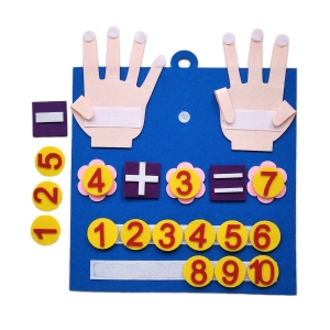 Lavagna per imparare a contare con 2 mani per abbassare le dita, blu, 2 mani in alto con segni più e meno con numeri rossi su sfondo giallo.