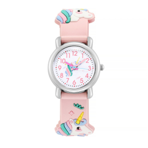 Orologio unicorno pastello per bambine rosa con sfondo bianco