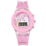 Orologio unicorno fosforescente rosa per ragazze con sfondo bianco