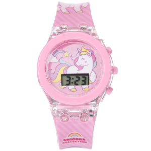 Orologio unicorno fosforescente rosa per ragazze con sfondo bianco
