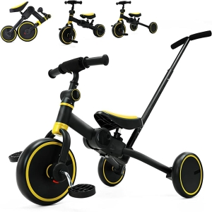 Triciclo nero e giallo di profilo, con 3 miniature di questo triciclo in posizioni diverse sopra