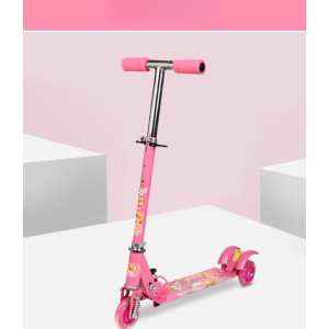 Monopattino rosa regolabile a 3 ruote per bambine con sfondo rosa e blocchi bianchi