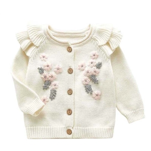 Gilet bianco da neonato con volant sulle spalle e fiori ricamati sul davanti