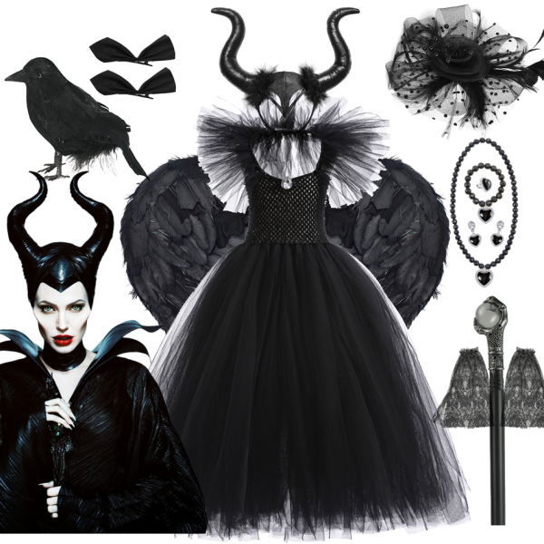 Travestimento da Malefica in tulle nero per ragazze con sfondo bianco e immagine di Malefica accanto ad esso