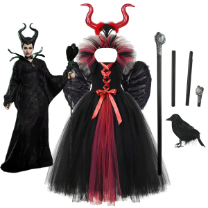 Travestimento da Malefica rosso e nero per ragazze con sfondo bianco e l'immagine di Malefica di Disney
