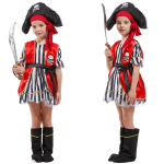 Piccolo travestimento da pirata vestito a righe per ragazze con sfondo bianco