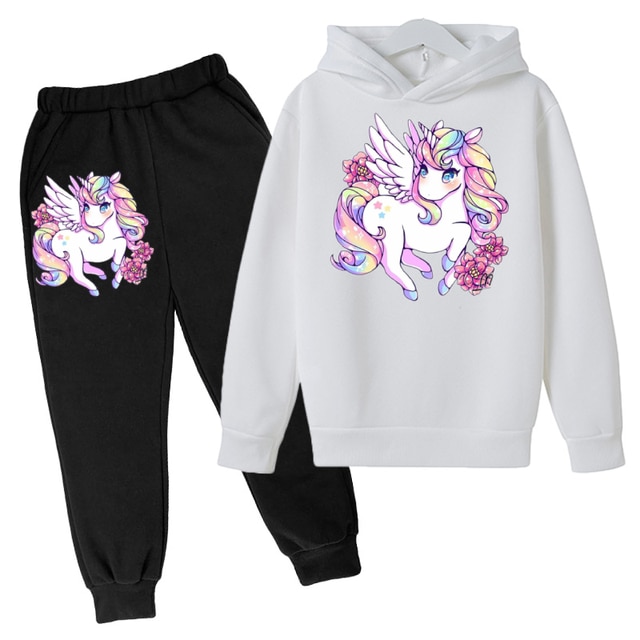 Set tuta da jogging nera e felpa con cappuccio unicorno per