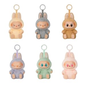 6 portachiavi peluche mostro kawaii stile Labubu in posizione seduta, di colori diversi