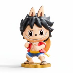 Statuetta di Monkey D. Luffy in One Piece in stile kawaii su sfondo bianco