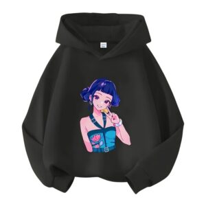 Felpa per bambina K-pop Demon Hunters Zoey sul davanti. La felpa è nera e con cappuccio. Su sfondo bianco.