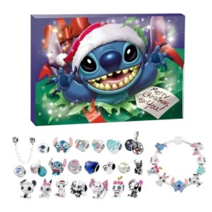 Calendario dell'Avvento Stitch bracciale stile Pandora da personalizzare. La scatola con l'effigie di Stitch con un cappello di Natale e sotto, i ciondoli e il bracciale. Su sfondo bianco.