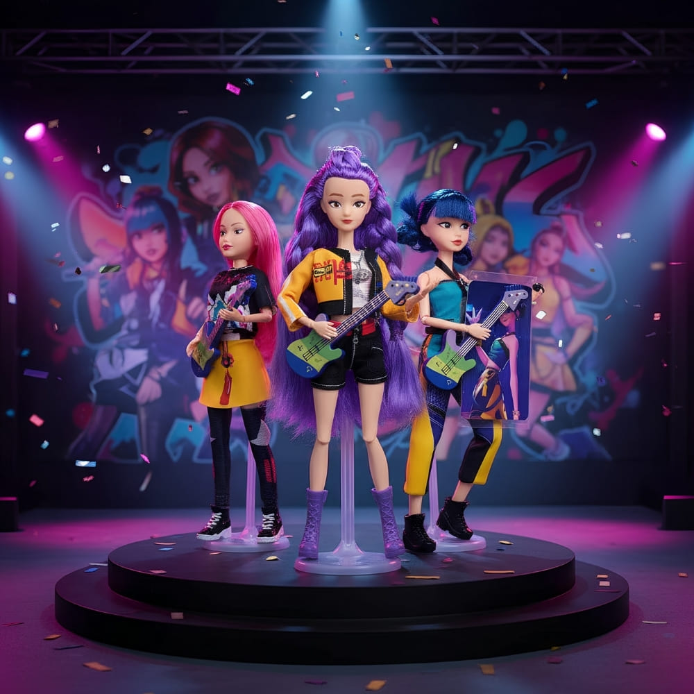 Bambole per bambina stile Barbie K-pop Demon Hunters. Zoey Rumi e Mira su un palco rotondo con strumenti musicali. Dei riflettori nella loro direzione. Sullo sfondo un décor colorato che le rappresenta.