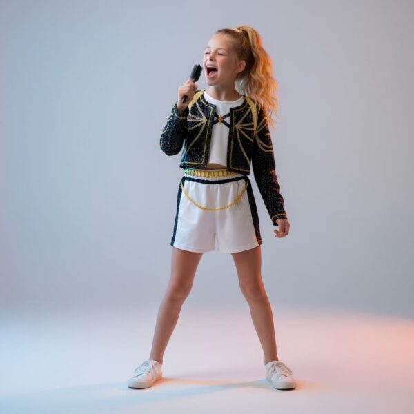 Costume da bambina Rumi K-pop Demon Hunters indossato da una ragazza con una coda di cavallo su sfondo grigio illuminato da destra. L'abito comprende un short con dettagli neri e dorati, una maglietta bianca e una giacca scintillante nera. La ragazza indossa una spazzola per capelli come microfono.