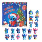 Calendrier de l'Avent Stitch sur fond blanc, avec toutes les figurines disponibles devant la boite