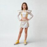 Fille souriante portant le Déguisement K-pop Demon Hunters version Zoey Édition Finale, ensemble holographique blanc et or avec épaulettes, jupe et baskets jaunes, sur fond blanc.